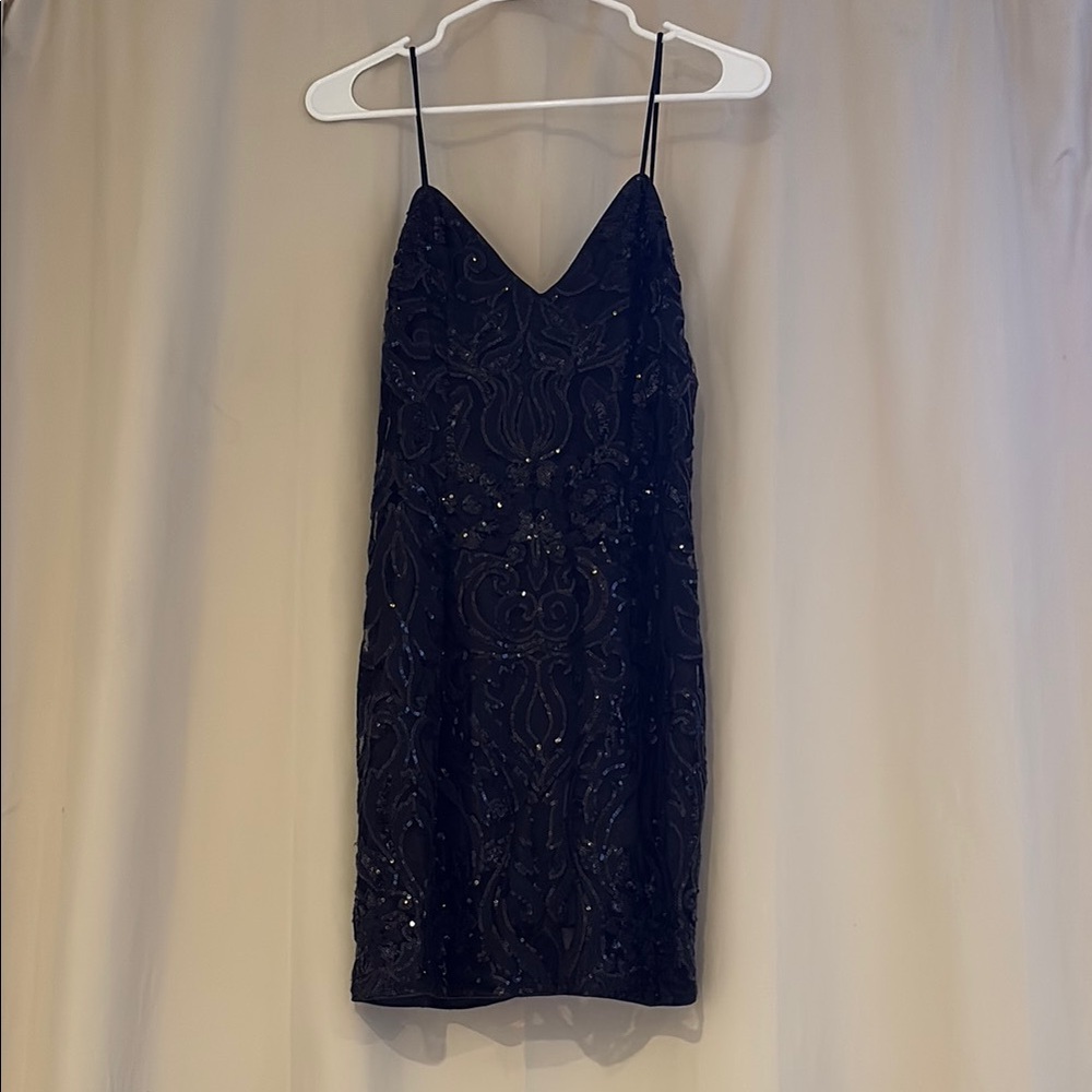 Tobi Blue Sequin Mini Dress Spaghetti Strap V-Neck